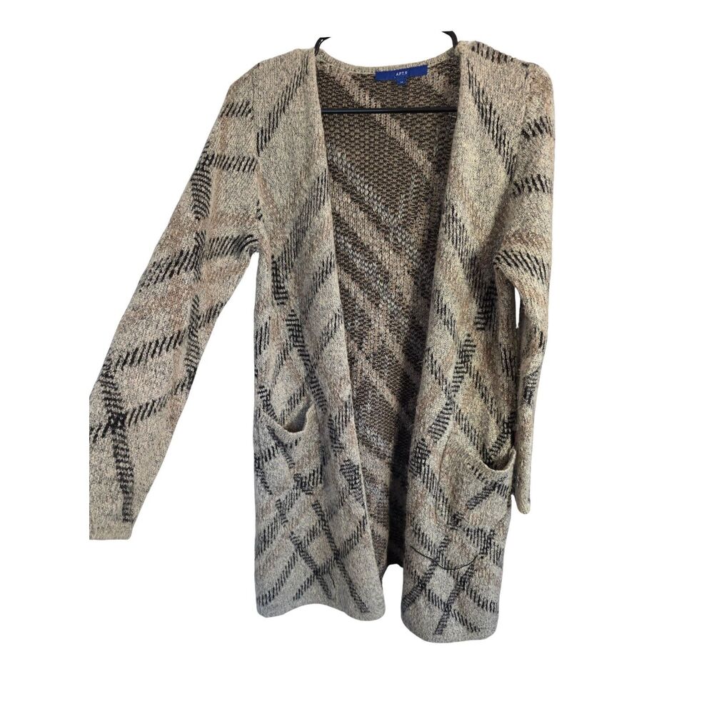 Apt. 9 Gray Plaid Geometric Open Front Knit Cardigan Sweater Pockets M